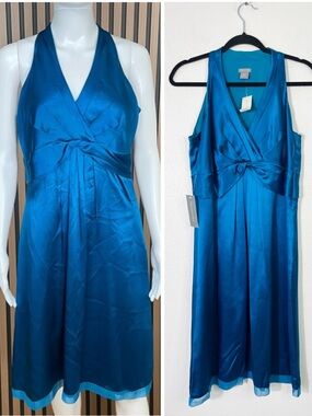 NWT Ann Taylor Y2K Silk Sleeveless Dress Size 10 Blue V-Neck Prom Chic Party